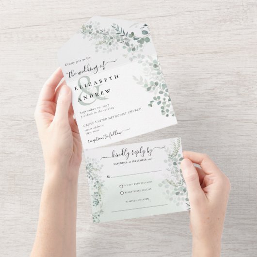 Eucalyptus Greenery Botanische QR Code Huwelijk All In One Uitnodiging (Afscheurbaar)