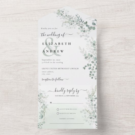 Eucalyptus Greenery Botanische QR Code Huwelijk All In One Uitnodiging (Binnen)