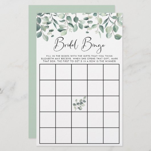 Eucalyptus Greenery Bridal Bingo Shower Game (Voorkant / Achterkant)