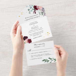 Eucalyptus Greenery Burgundy Floral Wedding All In One Uitnodiging