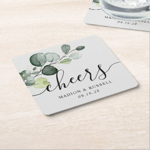 Eucalyptus Greenery Cheers Wedding Favor Vierkante Kartonnen Onderzetter