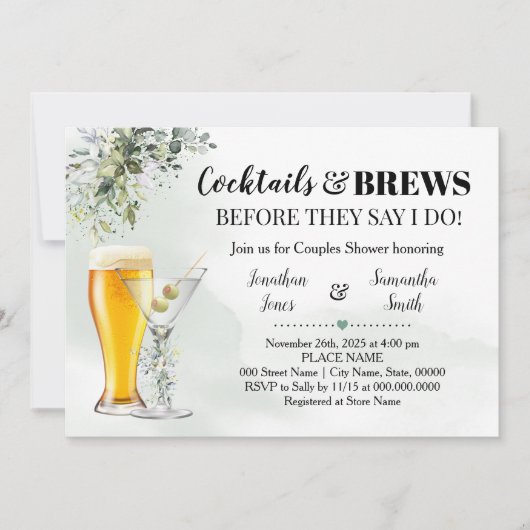 Eucalyptus Greenery Cocktails & Brews Shower Invit Kaart (Voorkant)