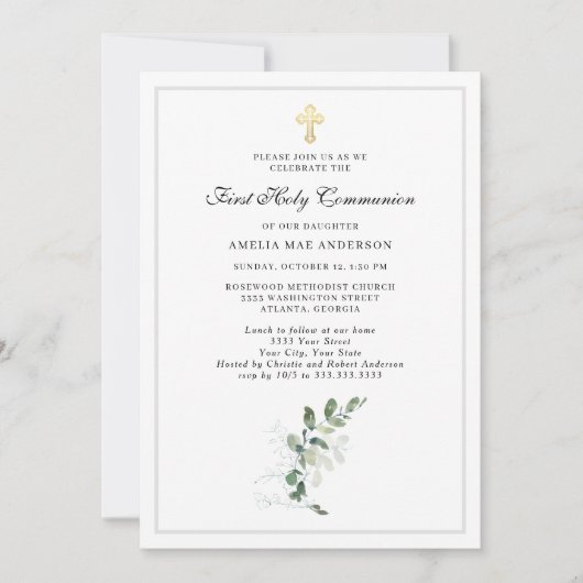 Eucalyptus Greenery Cross First Heilige Communie Kaart (Voorkant)