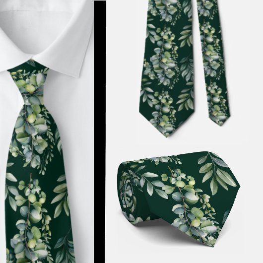 Eucalyptus Greenery Dark Green Floral Neck Tie Stropdas