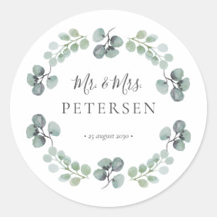 Eucalyptus greenery de heer en mevrouw name bruilo ronde sticker