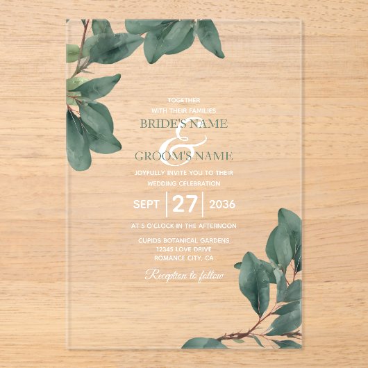 Eucalyptus Greenery Duidelijke Transparante Huweli Acryl Uitnodigingen (Voorkant)