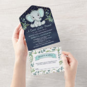Eucalyptus Greenery Elephant Navy Blue Baby shower All In One Uitnodiging (Afscheurbaar)
