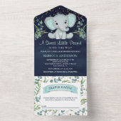 Eucalyptus Greenery Elephant Navy Blue Baby shower All In One Uitnodiging (Binnen)