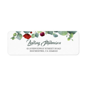 Eucalyptus Greenery en Burgundy Red Flowers Etiket