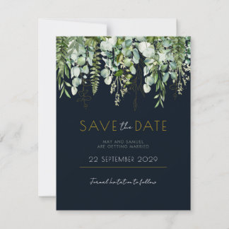 Eucalyptus Greenery en Navy Save the Date nodig