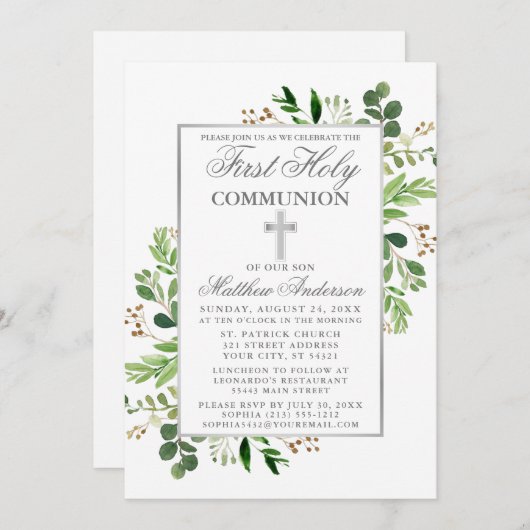 Eucalyptus Greenery First Communy Silver Kaart (Voorkant / Achterkant)