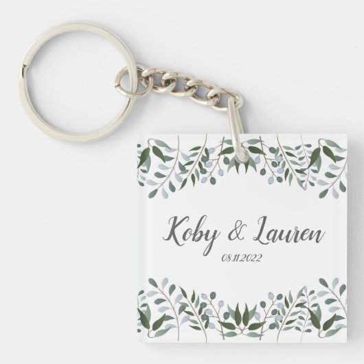 Eucalyptus Greenery Floral Jubileum Datum Sleutelhanger (voorkant)