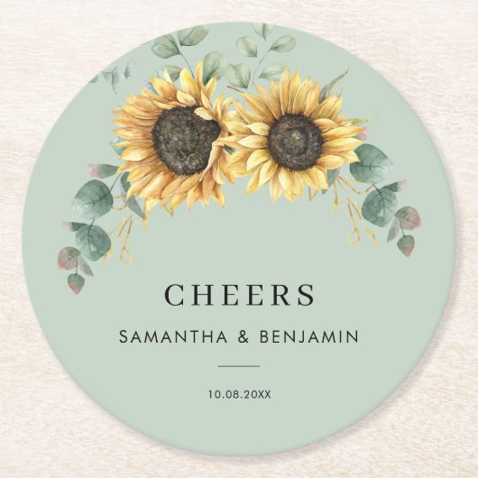 Eucalyptus Greenery Floral Sunflower Wedding Ronde Kartonnen Onderzetter (Voorkant)