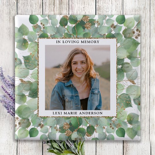 Eucalyptus Greenery Foto Memorial Funeral Vierkante Button 5,1 Cm