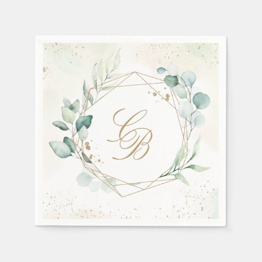 Eucalyptus Greenery Geometric Monogram Weddenschap Servet (Voorkant)