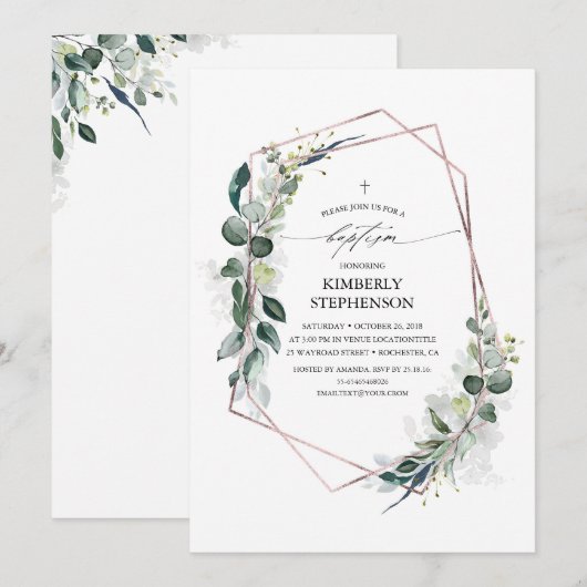 Eucalyptus Greenery Geometric Roos Gold Baptisme Kaart (Voorkant / Achterkant)