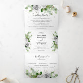 Eucalyptus Greenery & Gold Classic Wedding Tri-Fol Drieluik Uitnodiging (Binnen)
