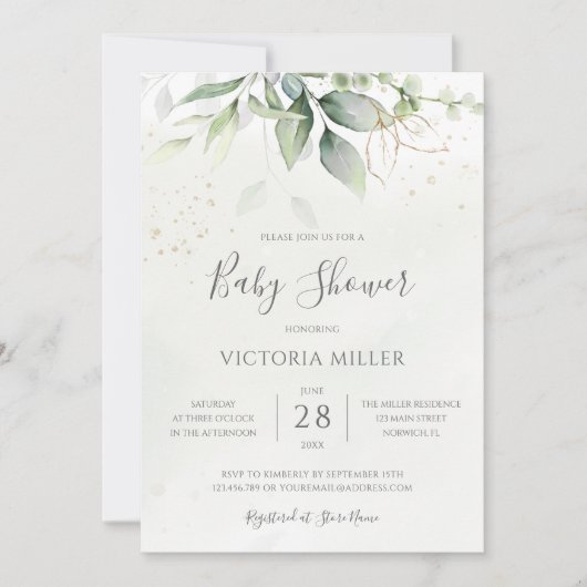 Eucalyptus Greenery Gold Elegant Baby shower Kaart (Voorkant)
