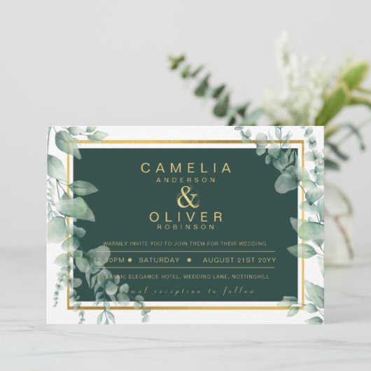 Eucalyptus Greenery Gold Emerald Wedding QR CODE I Kaart (Staand voorkant)