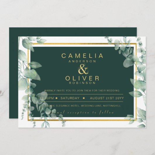 Eucalyptus Greenery Gold Emerald Wedding QR CODE I Kaart (Voorkant / Achterkant)