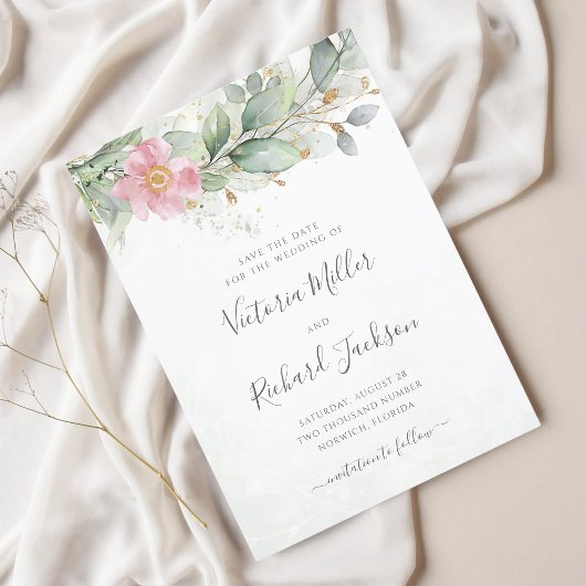 Eucalyptus Greenery Gold Floral Elegant Wedding Save The Date