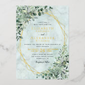 Eucalyptus Greenery Gold Foil marble Wedding Folie Uitnodiging (Voorkant)