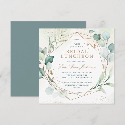 Eucalyptus Greenery Gold Geometric Bridal Luncheon Kaart (Voorkant / Achterkant)