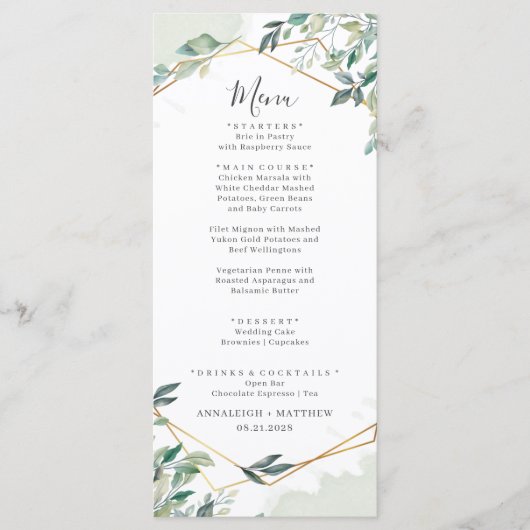Eucalyptus Greenery Gold Geometric Wedding Menu (Voorkant)