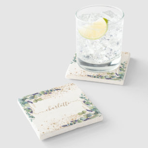 Eucalyptus greenery gold glitter name script stenen onderzetter