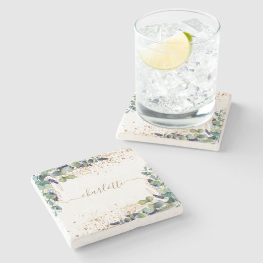 Eucalyptus greenery gold glitter name script stenen onderzetter (Zijkant)