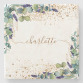 Eucalyptus greenery gold glitter name script stenen onderzetter (Voorkant)