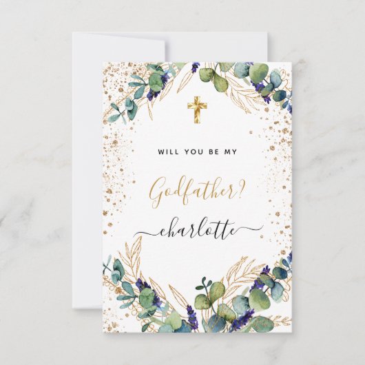 Eucalyptus greenery gold godfather-voorstel kaart (Voorkant)