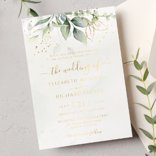 Eucalyptus Greenery Gold Leaves Botanical Wedding Folie Uitnodiging