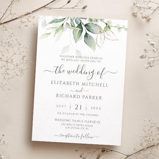 Eucalyptus Greenery Gold Leaves Botanical Wedding Kaart