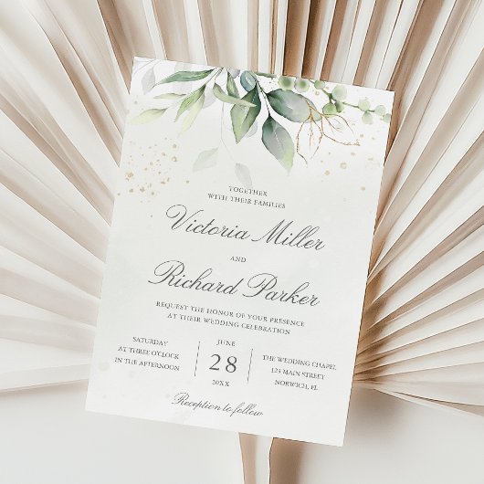Eucalyptus Greenery Gold Leaves Botanical Wedding Kaart