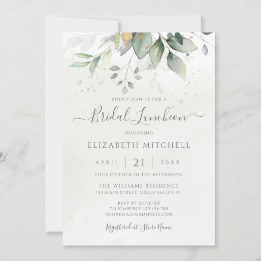 Eucalyptus Greenery Gold Leaves Bridal Luncheon Kaart (Voorkant)
