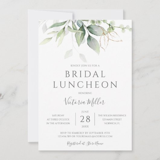 Eucalyptus Greenery Gold Leaves Bridal Luncheon Kaart (Voorkant)