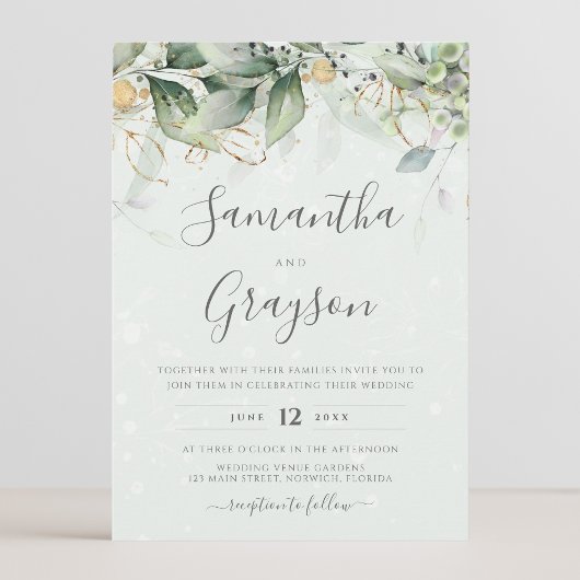 Eucalyptus Greenery Gold Leaves Elegant Wedding Kaart