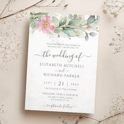 Eucalyptus Greenery Gold Leaves Elegant Wedding Kaart