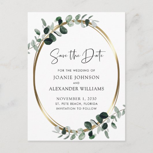 Eucalyptus Greenery Gold Metallic Save the Date Aankondigingskaart (Voorkant)