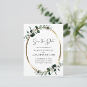 Eucalyptus Greenery Gold Metallic Save the Date Aankondigingskaart (Staand voorkant)