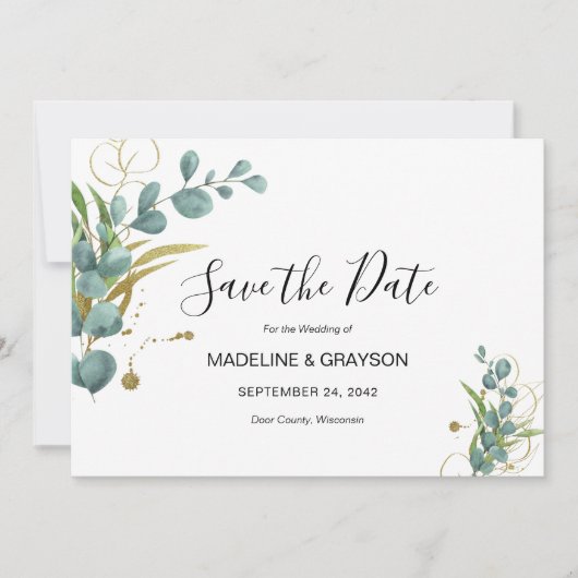Eucalyptus Greenery Gold Wedding Invitation Save The Date (Voorkant)