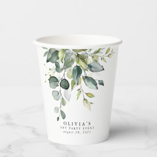 Eucalyptus Greenery laat Waterverf over Papieren Bekers (Voorkant)