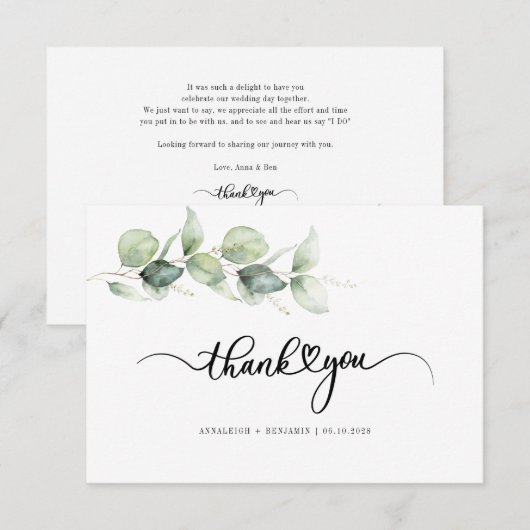 Eucalyptus Greenery Love Heart Calligraphy Wedding Bedankkaart (Voorkant / Achterkant)