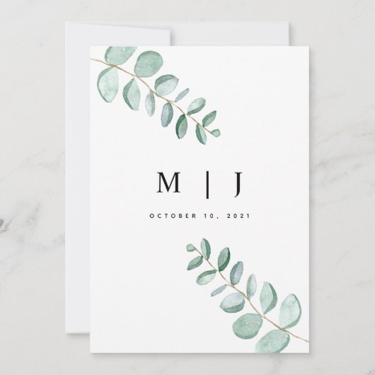 Eucalyptus Greenery Minimalist Weddenschap Aankondiging (Achterkant)