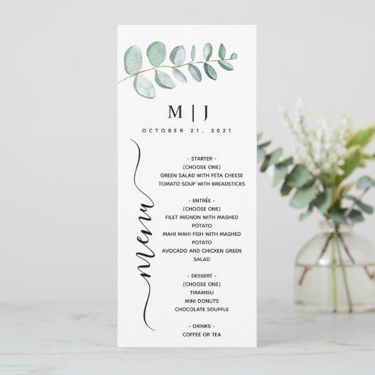 Eucalyptus Greenery Minimalist Weddenschap Menu (Staand voorkant)
