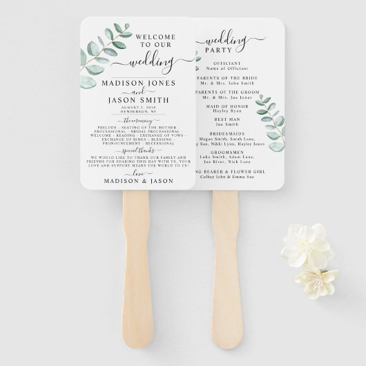 Eucalyptus Greenery minimalistisch bruiloft progra Handwaaier (Voorkant en achterkant)