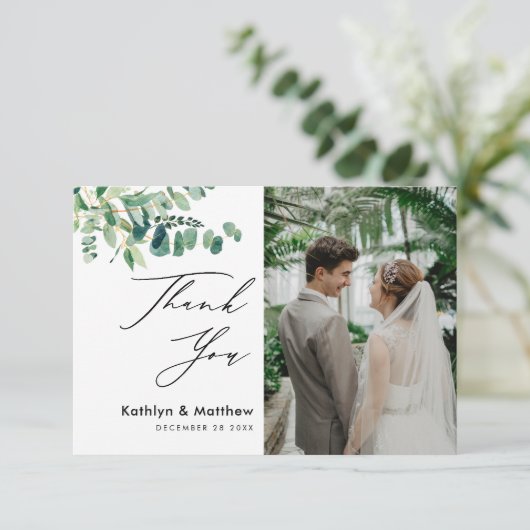 Eucalyptus Greenery Modern Script Photo Weddenscha Bedankkaart (Staand voorkant)