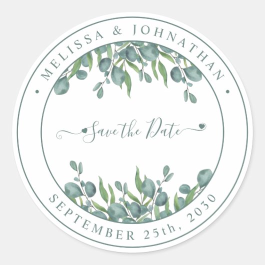 Eucalyptus Greenery Modern Wedding Save the Date Ronde Sticker (Voorkant)