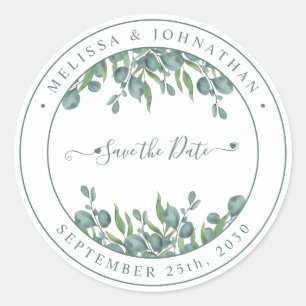 Eucalyptus Greenery Modern Wedding Save the Date Ronde Sticker